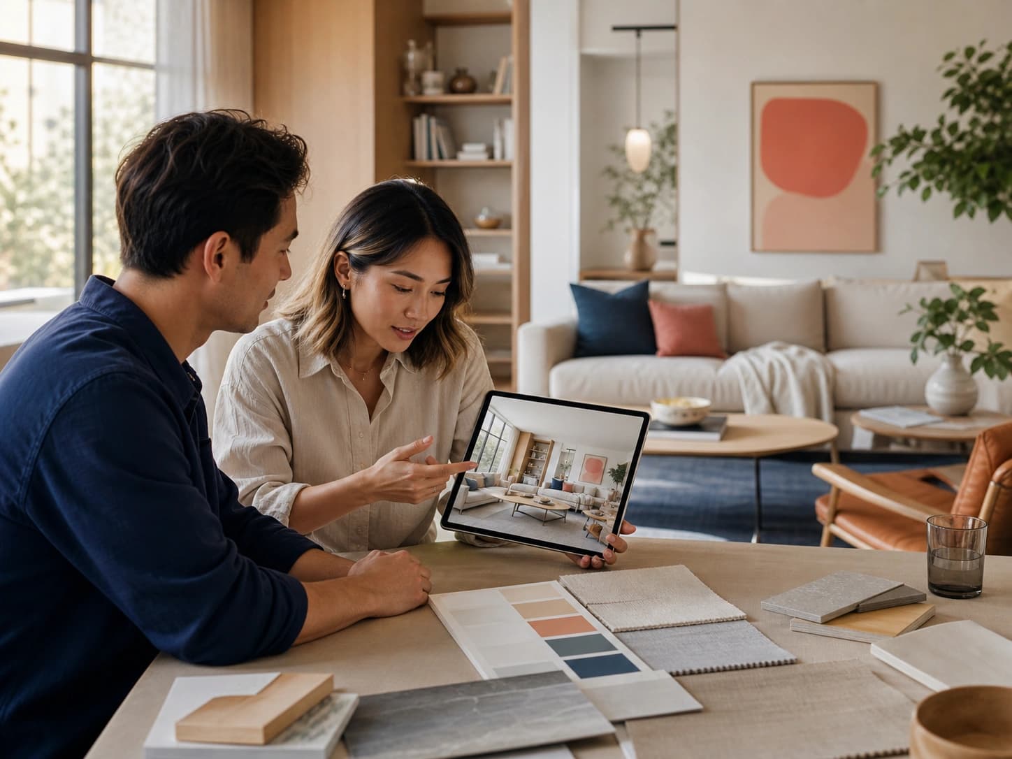 Homeowner and designer reviewing an AI room visualization